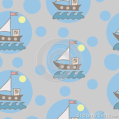 Seamless pattern with soft color ship with flag and blue wave Vector Illustration