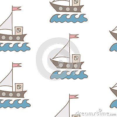 Seamless pattern with soft color ship with flag and wave on whit Vector Illustration