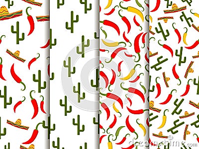 Seamless pattern with sombrero, pepper and cactus. Mexican motif. Vector Vector Illustration