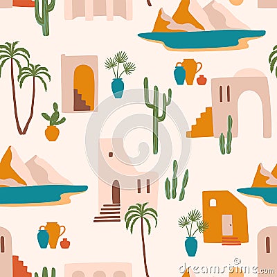 Seamless pattern with southern landscape. Mediterranean, North Africa Vector Illustration