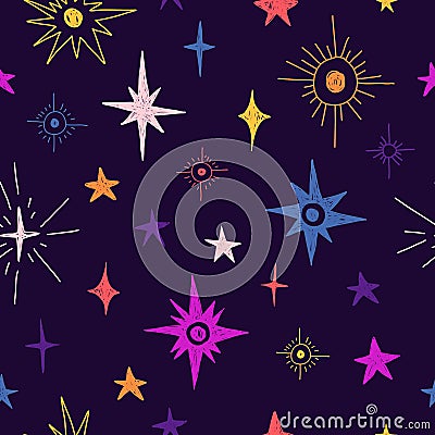 Seamless pattern with space elements. Cartoon style wallpaper with cosmic star. Children`s background with hand-drawn Vector Illustration