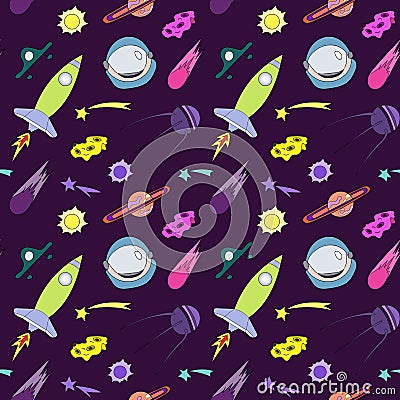 Seamless pattern with space objects, items and symbols Vector Illustration