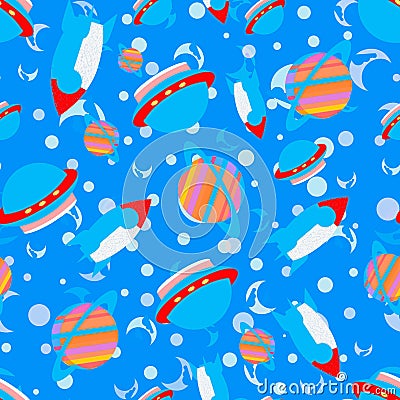 Space: space rockets, flying saucers, planets on the light blue background. Seamless pattern. Vector Illustration