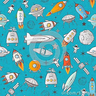 Seamless pattern with space rockets and other elements on blue. Can be used for wallpaper, pattern fills, textile, web Vector Illustration