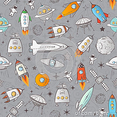 Seamless pattern with space rockets and other elements on grey background. Can be used for wallpaper, pattern fills Vector Illustration