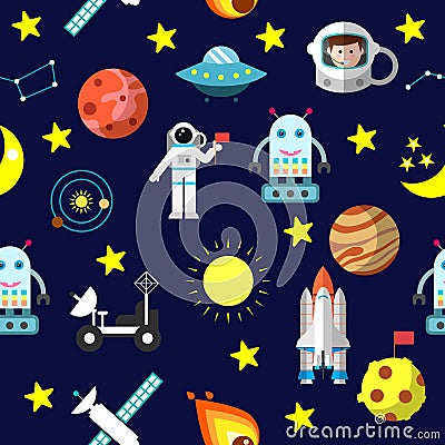 Seamless pattern with space Shuttle, rockets, comet, astronaut, stars and moon,Jupiter, Mars, robot and solar system. Vector Illustration