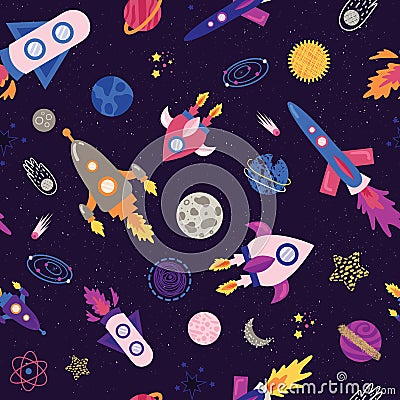 Seamless pattern with spaceship, rockets, planets, stars, moon, comets, sun on starry nights Cartoon Illustration
