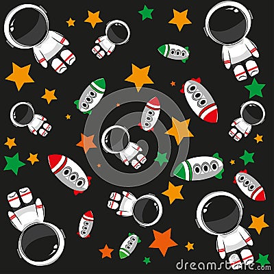 Seamless pattern with spaceships and astronauts Vector Illustration