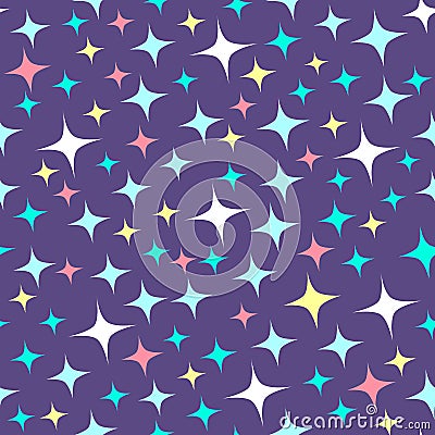 Seamless pattern with sparkles on purple background. Cartoon shine background. Vector Illustration