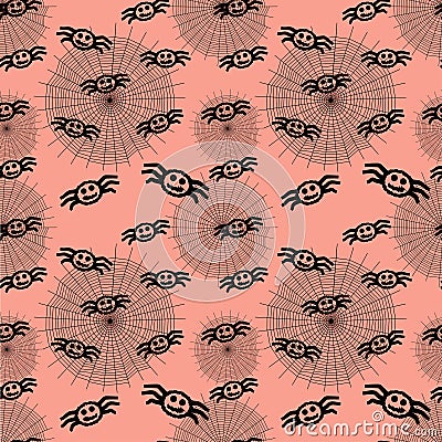 Seamless pattern: spiders and cobwebs of black color on a pink background. Illustration. Flat Vector Illustration