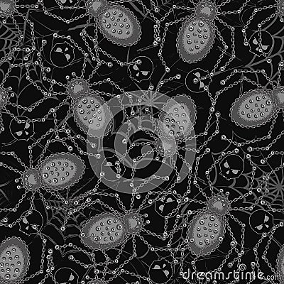 Seamless pattern with spiders made of rough metallic black chain, rivets Vector Illustration