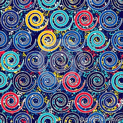 Seamless pattern with spirals Grange complex. Shapes placed on texture. Vector Illustration