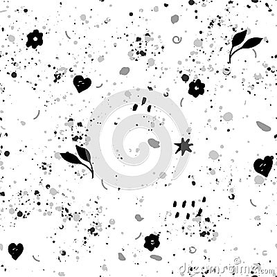 seamless pattern splashes of black paint icons hearts leaves Vector Illustration