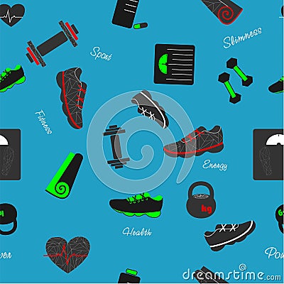 Seamless pattern with sport and fitness elements Vector Illustration