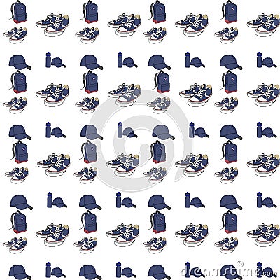 Seamless pattern for sports tourism. Backpack and baseball cap, sneakers and bottle for water.Raster illustration Stock Photo