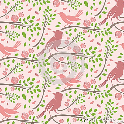 Seamless pattern of spring birds in branches leaves and flo Vector Illustration