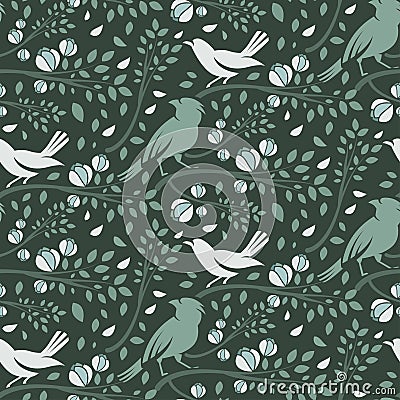 Seamless pattern of spring birds in branches leaves and flo Vector Illustration
