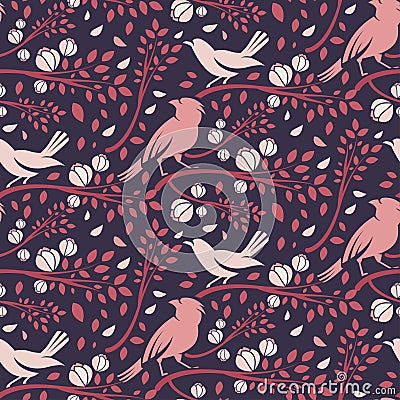 Seamless pattern of spring birds in branches leaves and flo Vector Illustration