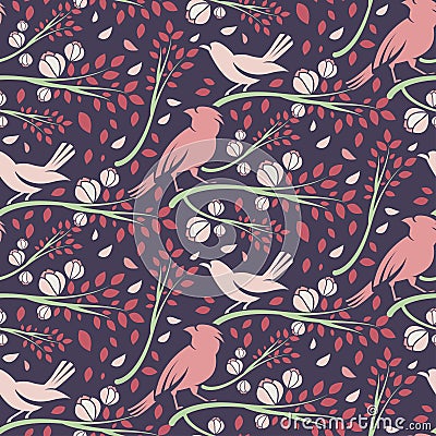 Seamless pattern of spring in branches with leaves and flo Vector Illustration