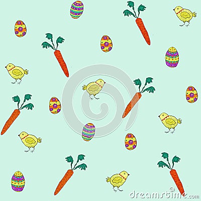 Seamless pattern of spring elements for Easter design. Rabbit, eggs and basket Stock Photo