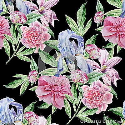 Seamless pattern with spring flowers. Iris. Peony. Clematis. Watercolor. Stock Photo