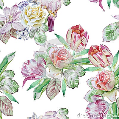 Seamless pattern with spring flowers. Rose. Hyacinth. Clematis. Iris. Tulip. Watercolor. Stock Photo