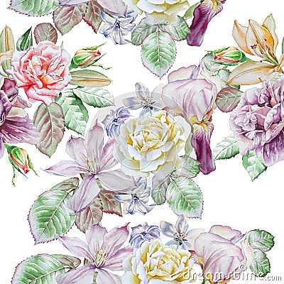 Seamless pattern with spring flowers. Rose. Peony. Lilia. Iris. Clematis. Hyacinth. Watercolor. Stock Photo