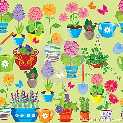 Seamless pattern with spring and summer flowers in pots. Vector Illustration