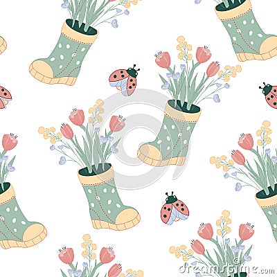 Seamless pattern for spring and summer wellies boots and flowers, vector. Vector Illustration