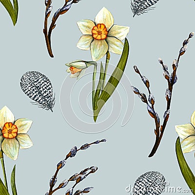 Seamless pattern. Spring watercolor illustration with flowers daffodils, branches willow and feather. Flowers with stem Cartoon Illustration