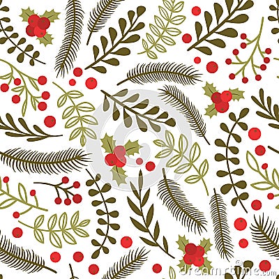 Seamless pattern with spruce branches, leafs and berries. Vector Illustration