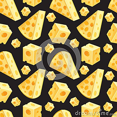 Seamless pattern of square and triangular slices of yellow cheese in vector. Swiss cheese background. Edam slice porous Vector Illustration