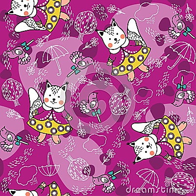 Seamless pattern with squirrels, lollipops, trees and clouds. Vector Illustration