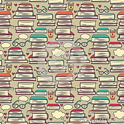 Seamless pattern with stacks of books and hearts Vector Illustration