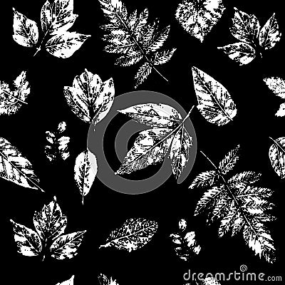 Seamless pattern with stamp leaves. Minimalism art. Objects isolated white on black background. Vector Illustration