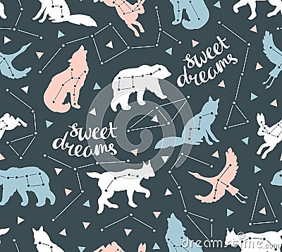 Seamless pattern with star animals. Vector hipster background with star sky. Vector Illustration