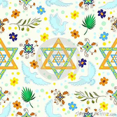 Seamless pattern with the Star of David and doves on a light background Vector Illustration