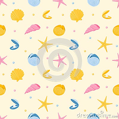 Seamless pattern with starfish, nautilus, seashells and pearls. Marine animals. Vector illustration in a flat cartoon style on a Vector Illustration