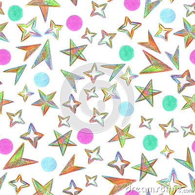 Seamless pattern Starry Sky painted with color pencils Stock Photo