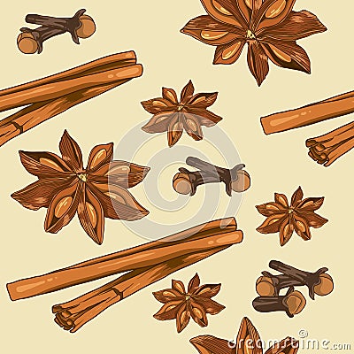 Seamless pattern of stars anise, cloves and cinnamon on a light background Vector Illustration