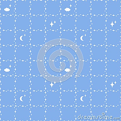 Seamless pattern with stars of different sizes. Clouds, the moon. Square cell of white stars on a blue background Cartoon Illustration