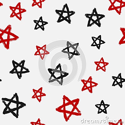 Seamless pattern with stars drawn by hand rough brush. Grunge, graffiti, sketch, watercolour. Vector Illustration