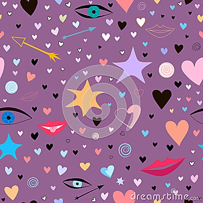 Seamless pattern with stars, hearts, lips, arrows, eyes. colorful and festive Vector Illustration