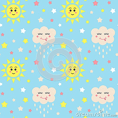 Seamless pattern with stars, kawaii cloud and sun. Vector Illustration