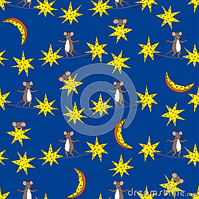 Seamless pattern with stars, moon and mice Vector Illustration