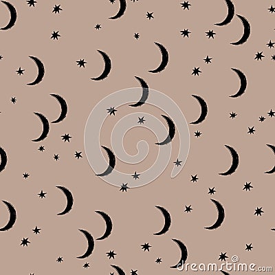 Seamless pattern with stars and the New Moon. Vector illustration for a minimalistic design. Modern elegant background.Finnish dra Vector Illustration