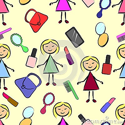 Seamless pattern stick figure girl with powder, lipstick, comb, phone, mirror, lacquer and purse Vector Illustration