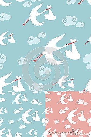 Seamless pattern of stork flying with newborn baby Vector Illustration