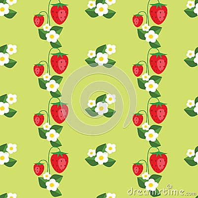 Seamless pattern with strawberries, leafs and flowers. Vector background Vector Illustration