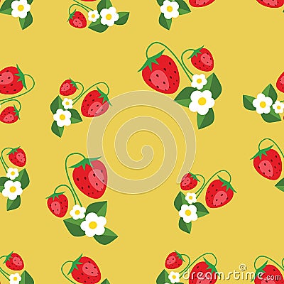 Seamless pattern with strawberries, leafs and flowers. Vector background Vector Illustration